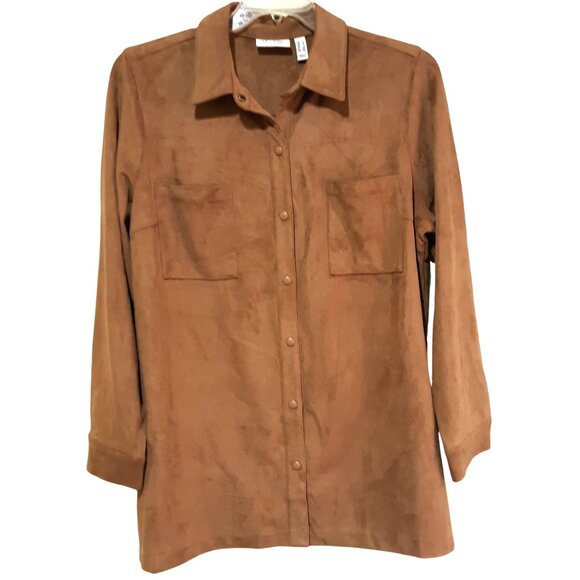 D & Co Women Faux Suede Button-Up Shirt Jacket with Pockets Brown Size L - Picture 1 of 7